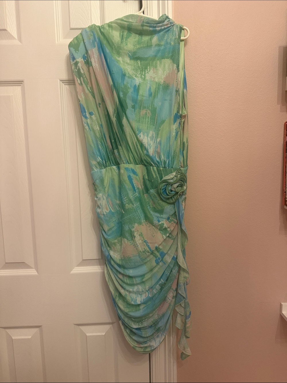 SHEIN Green Blue Abstract Print One-Shoulder Mini Dress